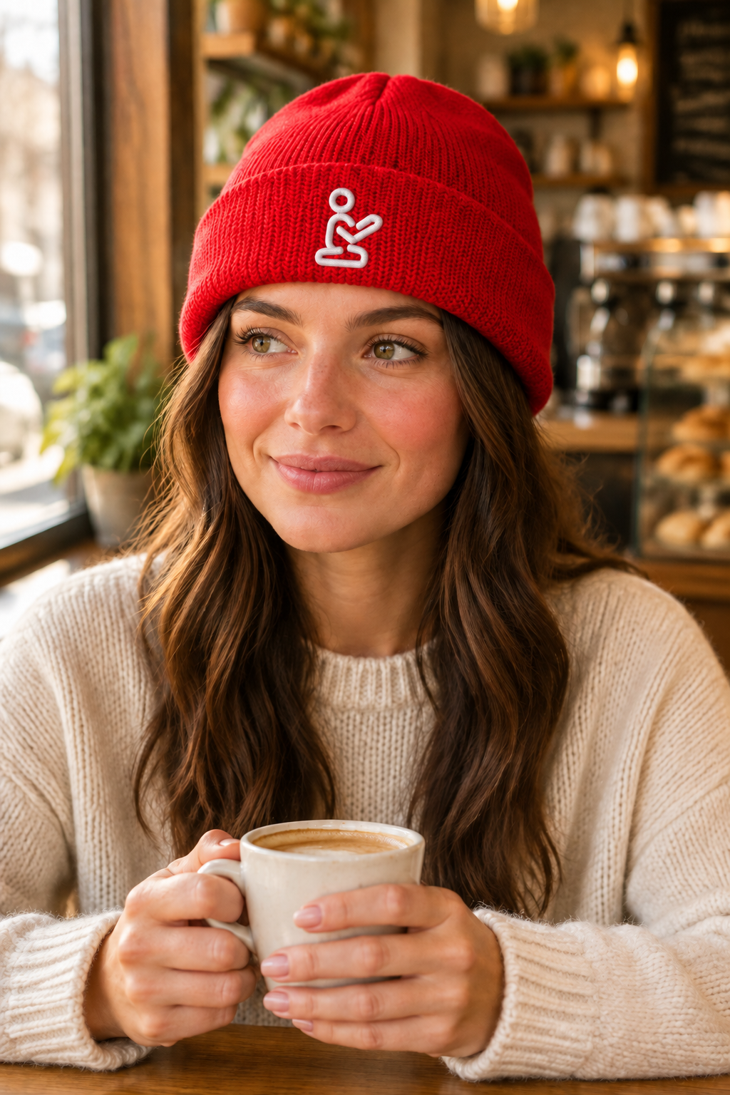Corrected coffee-shop mockup with white embroidery on the red beanie