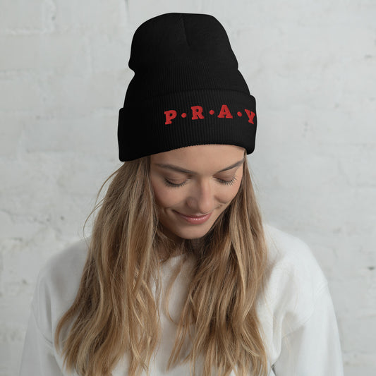 Pray Acrylic Cuffed Beanie - Red print