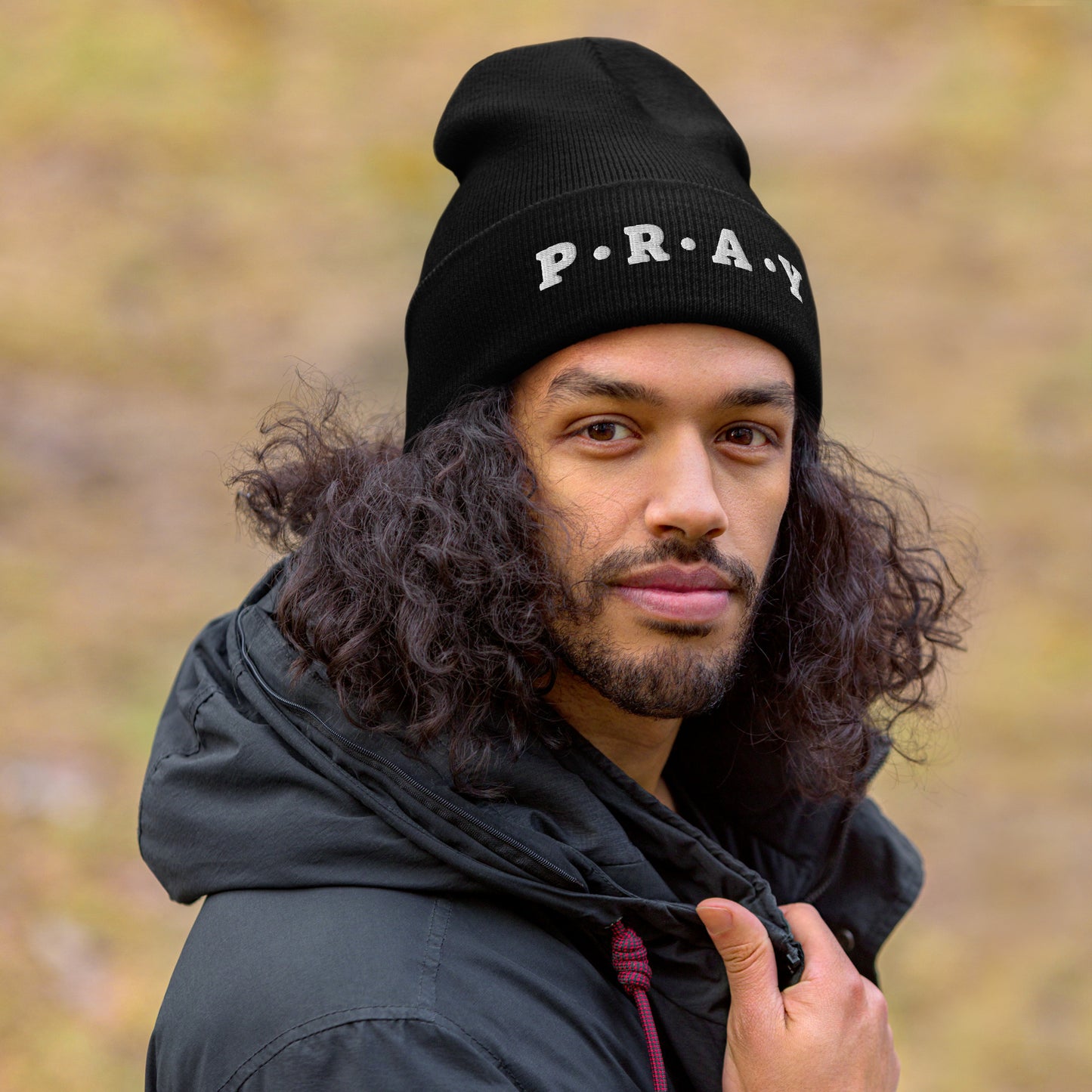 Pray Acrylic Cuffed Beanie - Cement white