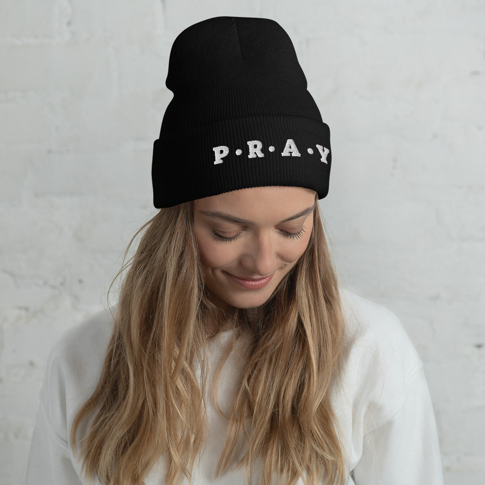 Pray Acrylic Cuffed Beanie - Cement white