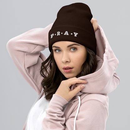 Pray Acrylic Cuffed Beanie - Cement white