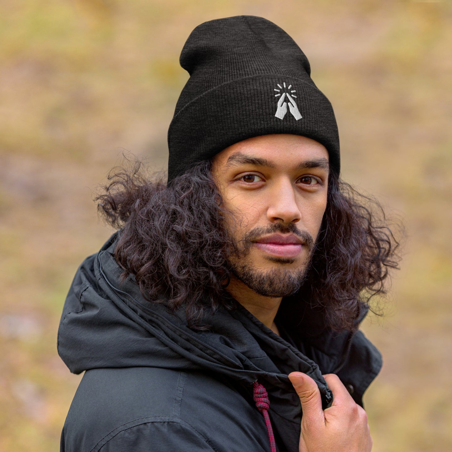 Praying Hands Acrylic Cuffed Beanie - White print