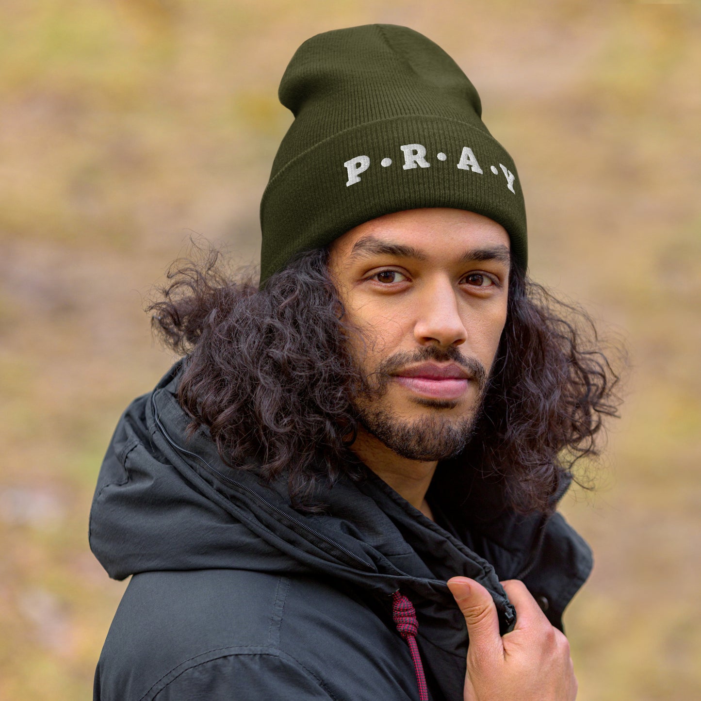 Pray Acrylic Cuffed Beanie - Cement white