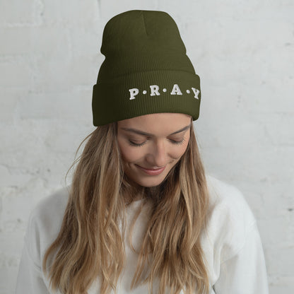 Pray Acrylic Cuffed Beanie - Cement white