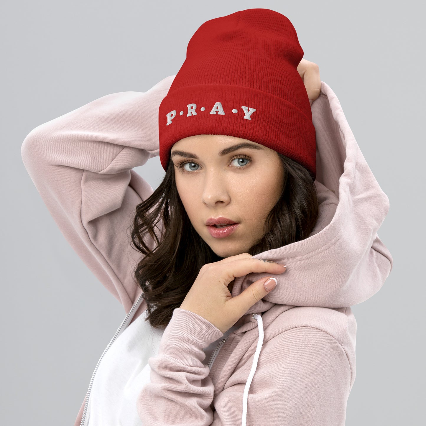 Pray Acrylic Cuffed Beanie - Cement white