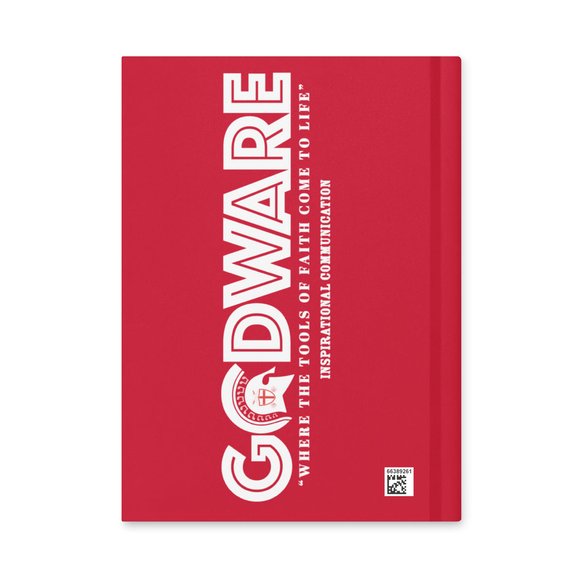 Red Christian journal back cover with ivory GodWare branding and faith-inspired tagline.