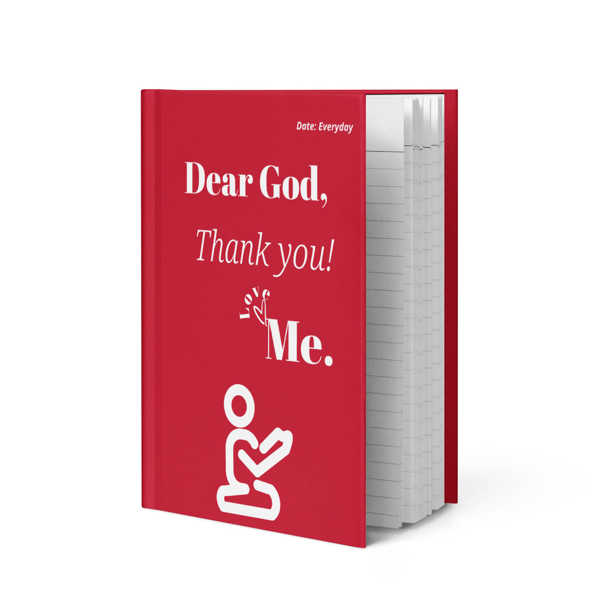 Angled view of the red Dear God hardcover prayer journal showing its front cover design and white lined pages.