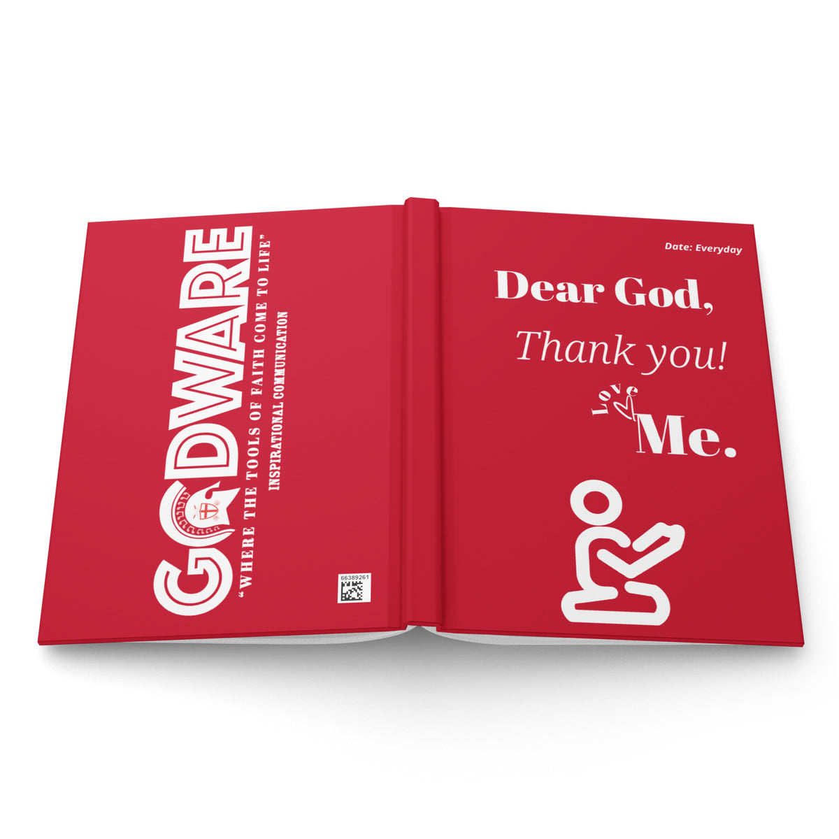 Red Dear God journal laid flat showing the prayer design on the front and GodWare branding on the back.