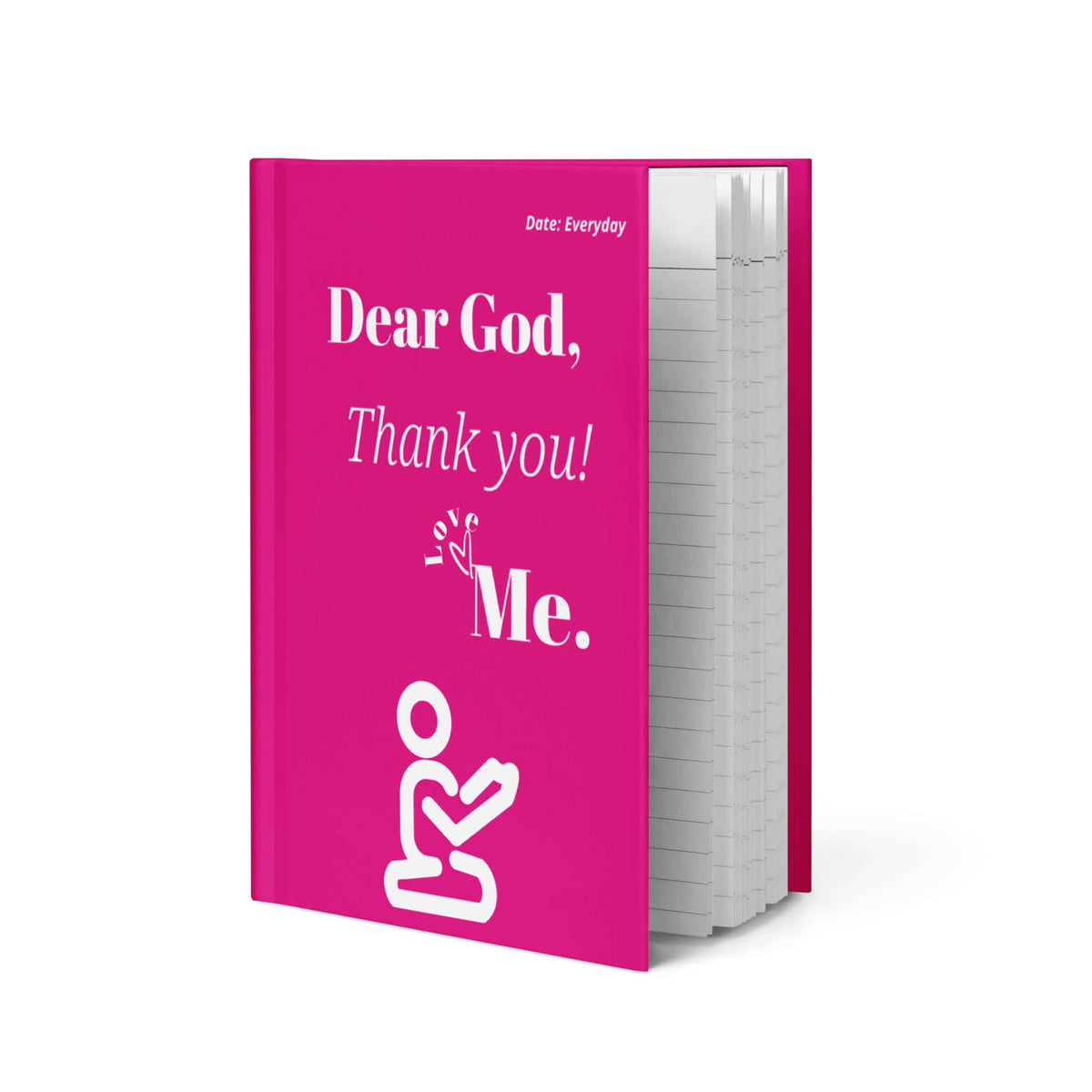 Dear God Christian Prayer Journal with pink hardcover featuring 'Thank you! Love, Me.' text and kneeling prayer figure.