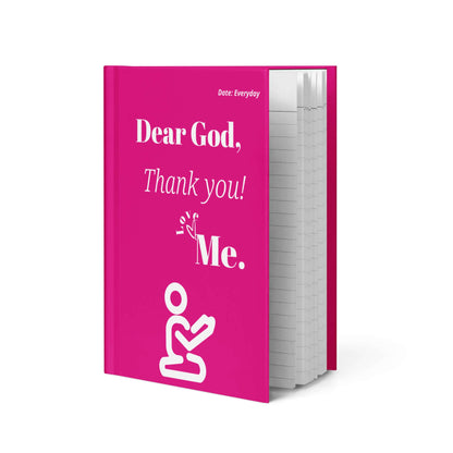 Dear God Christian Prayer Journal with pink hardcover featuring 'Thank you! Love, Me.' text and kneeling prayer figure.