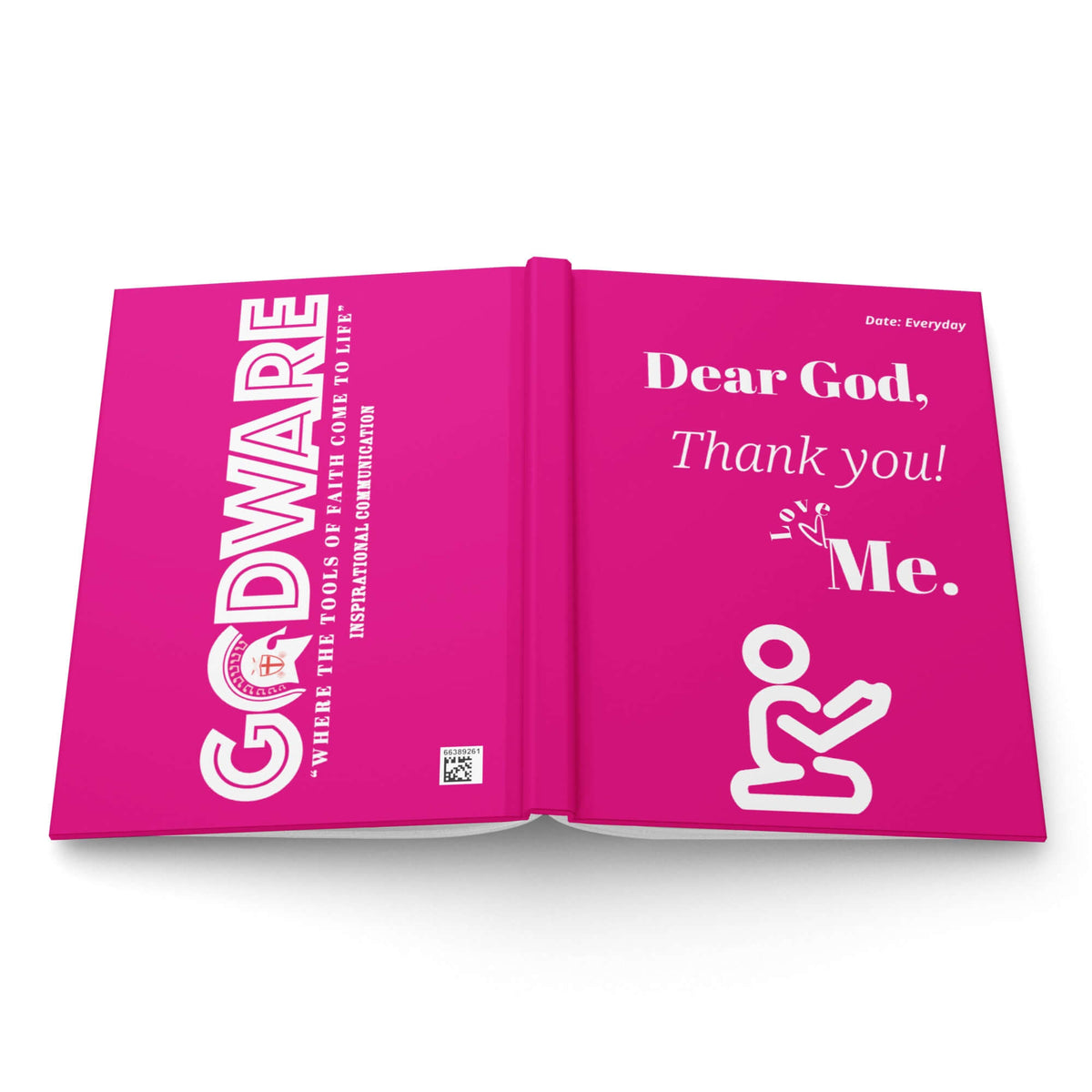 Dear God Christian Prayer Journal in pink hardcover with inspirational lettering and kneeling prayer figure.