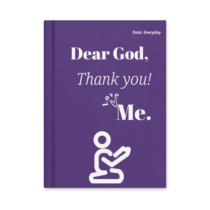Dear God Christian Prayer Journal in purple hardcover with kneeling figure and gratitude expression.