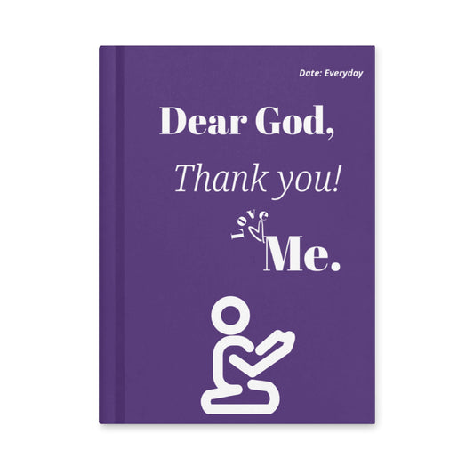 Dear God Christian Prayer Journal in purple hardcover with kneeling figure and gratitude expression.