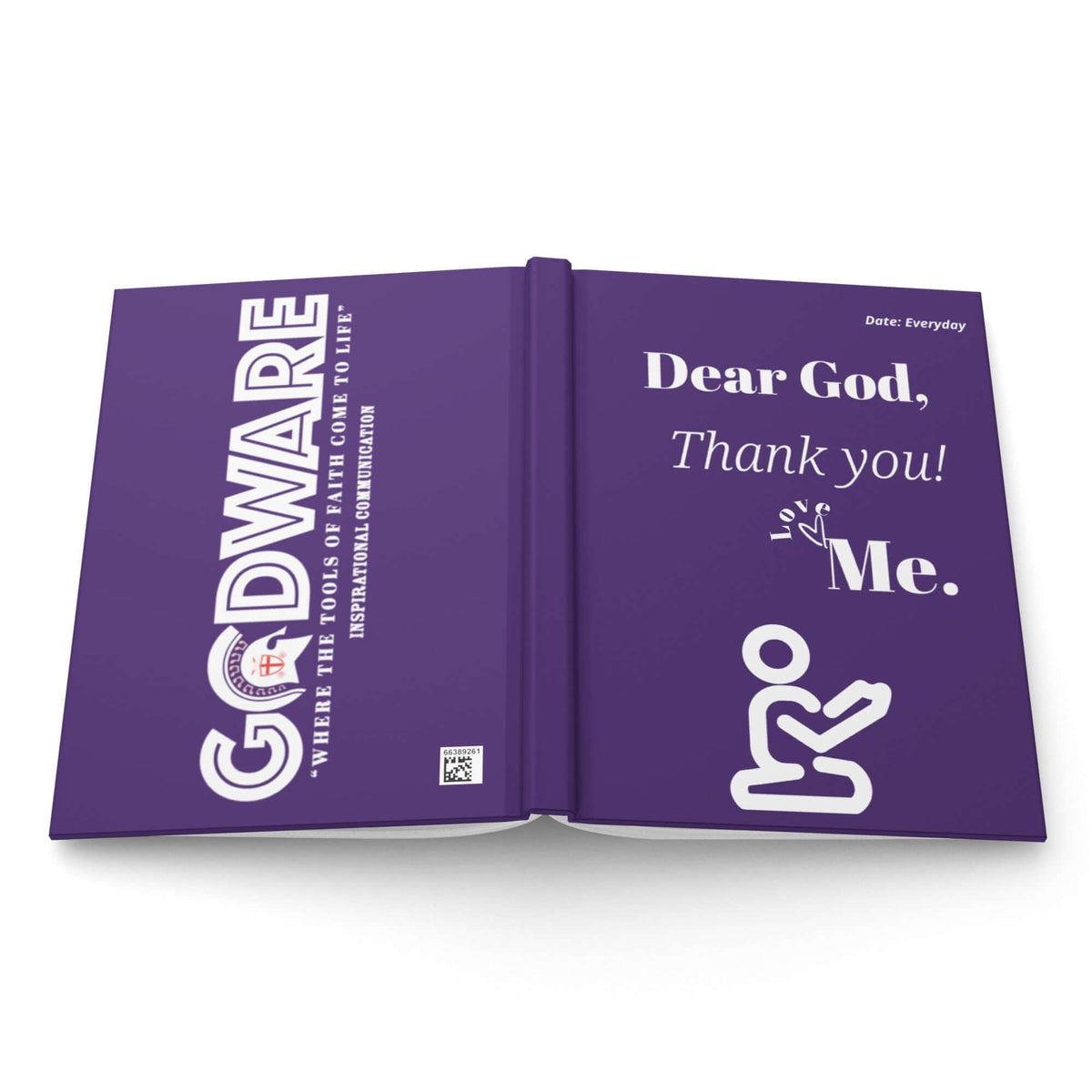 Dear God Christian Prayer Journal with purple cover and white lettering, showing 'Dear God, Thank you! Love, Me.'
