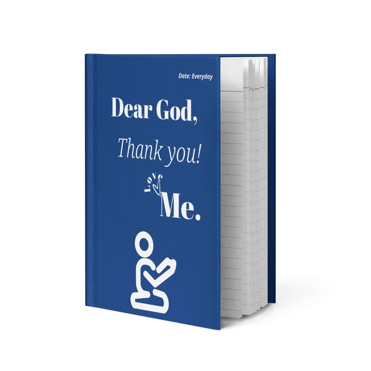 Dear God Christian Prayer Journal in blue hardcover with kneeling figure and text "Thank you! Love, Me."