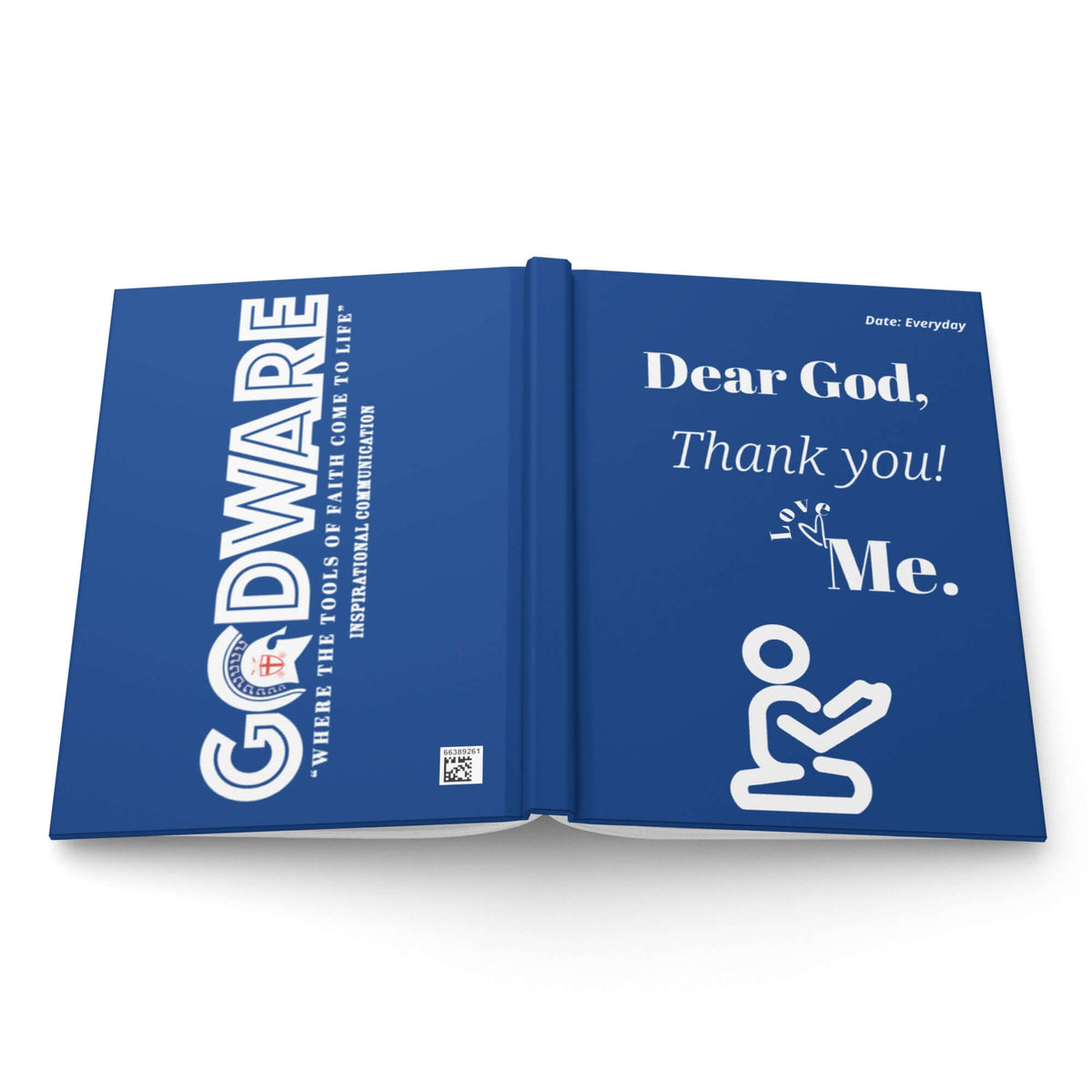 Dear God Christian Prayer Journal in blue with white lettering, featuring a kneeling figure and daily gratitude spaces.