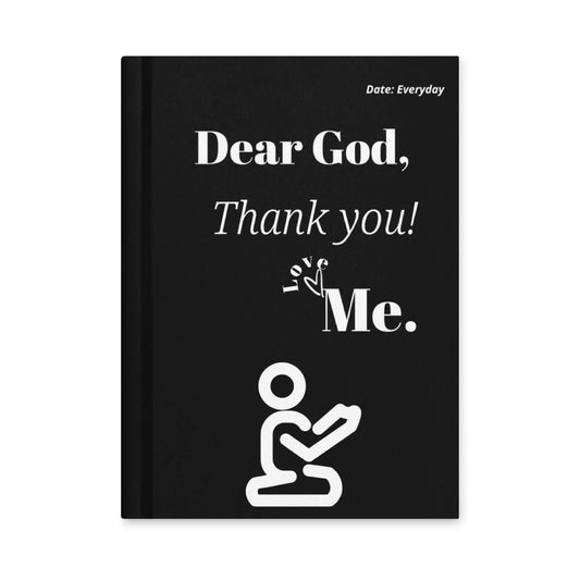 Front: Black Dear God Christian prayer journal with white thank-you lettering and praying figure.