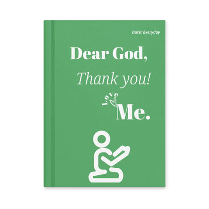 Green Dear God Christian prayer journal front cover with thank-you message and praying figure.