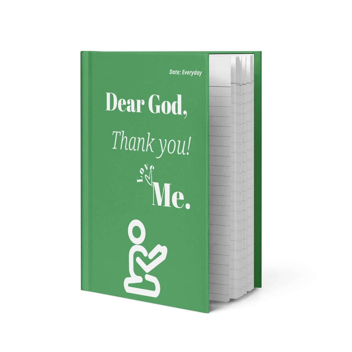 Angled view of green Dear God hardcover prayer journal showing lined pages.