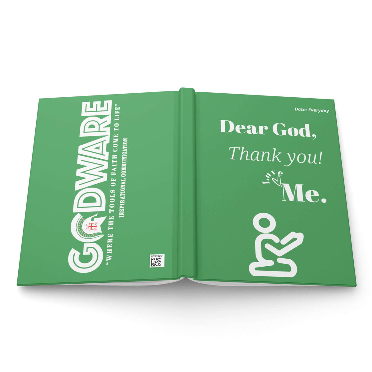 Green Dear God Christian journal showing front cover artwork, spine, and GodWare back cover.