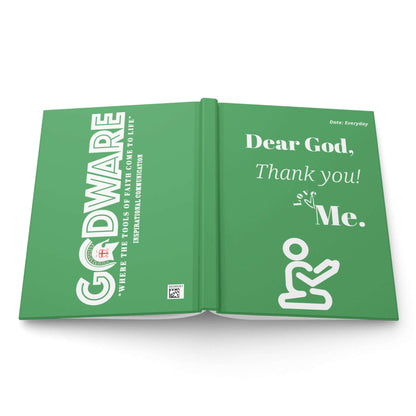 Green Dear God Christian journal showing front cover artwork, spine, and GodWare back cover.