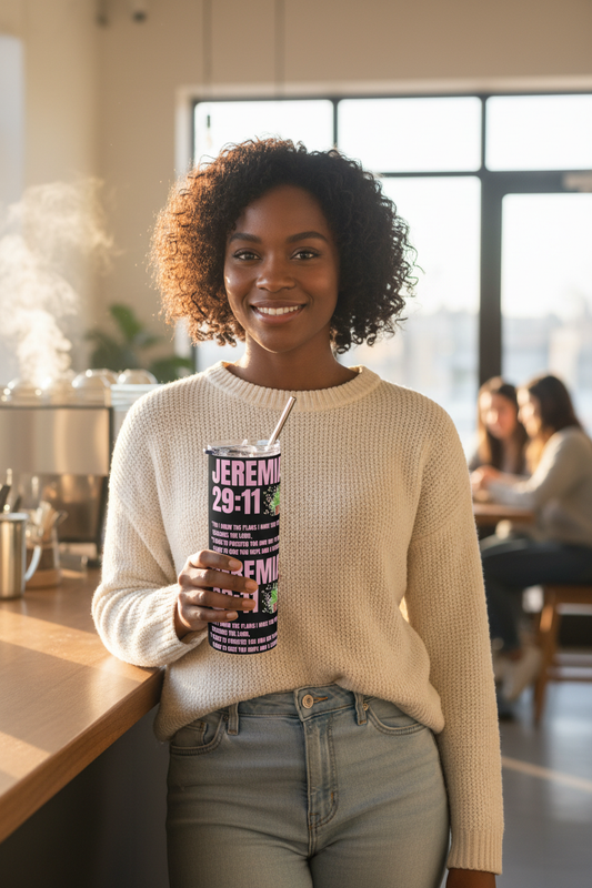 Jeremiah 29:11 Black Tumbler – Female Lifestyle Mockup