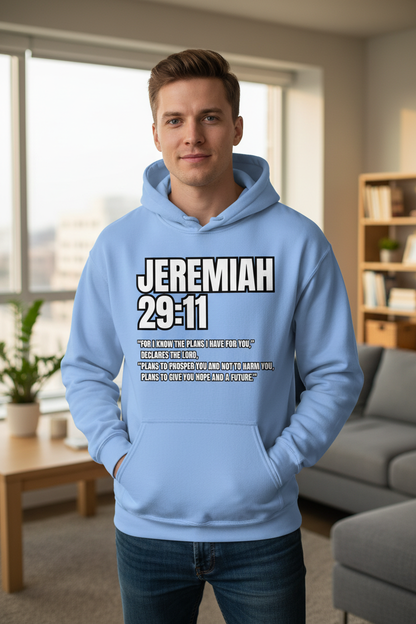 Jeremiah 29:11 Carolina Blue Hoodie – White Male Lifestyle Mockup