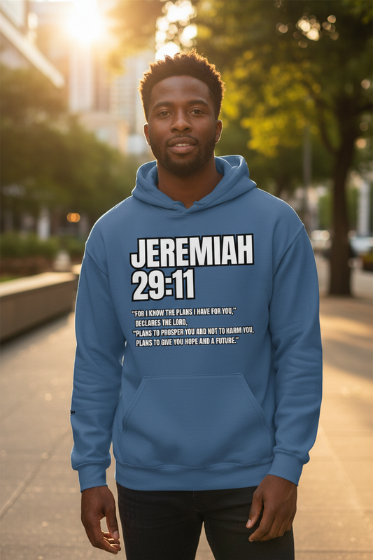 Jeremiah 29:11 Indigo Blue Hoodie – Male Lifestyle Mockup