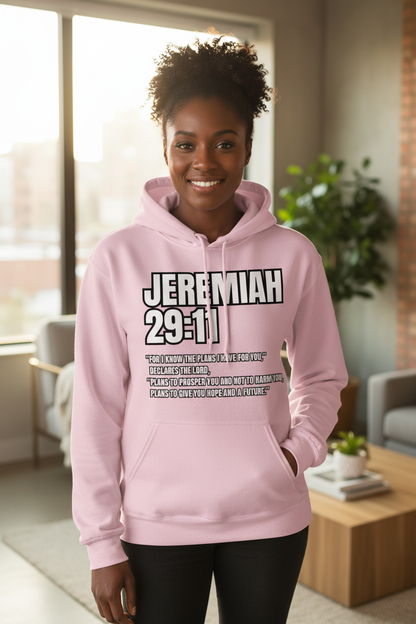 Jeremiah 29:11 Light Pink Hoodie – Female Lifestyle Mockup