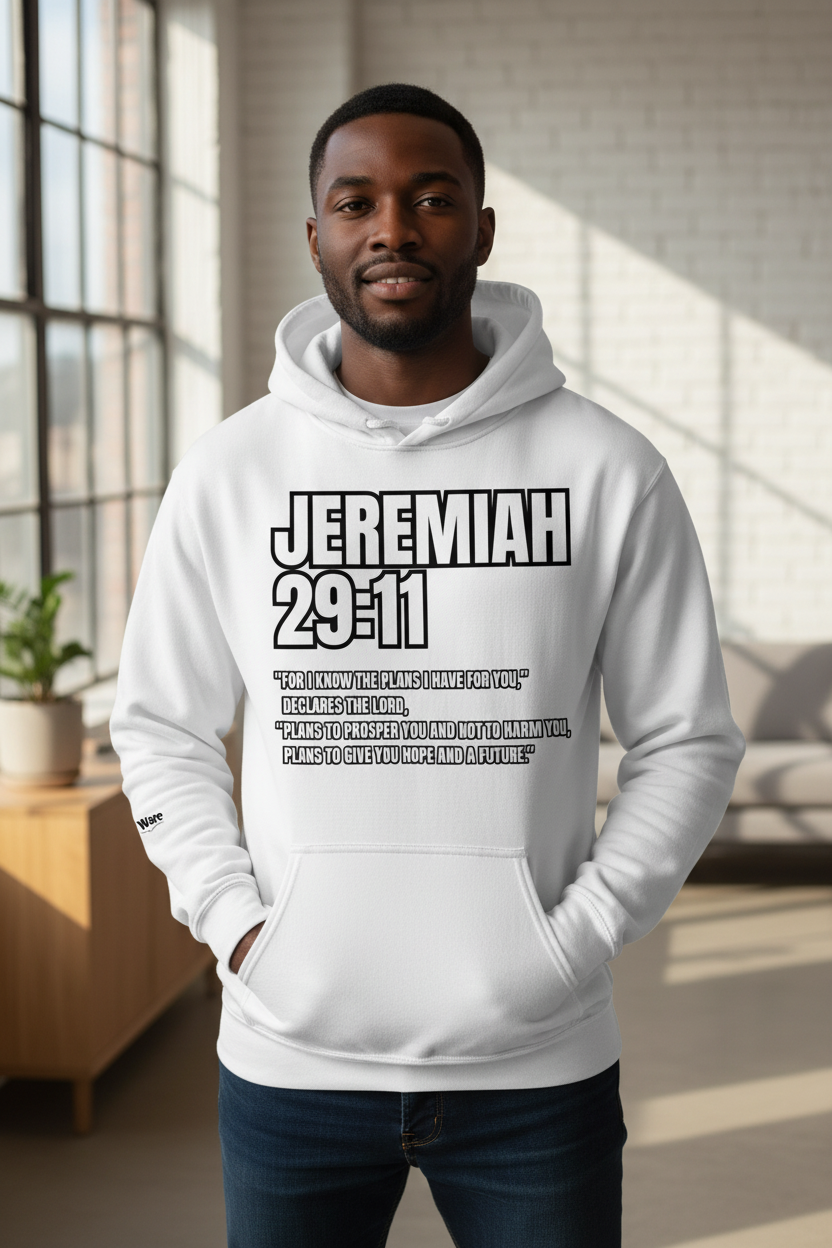 Jeremiah 29:11 White Hoodie – Male Lifestyle Mockup