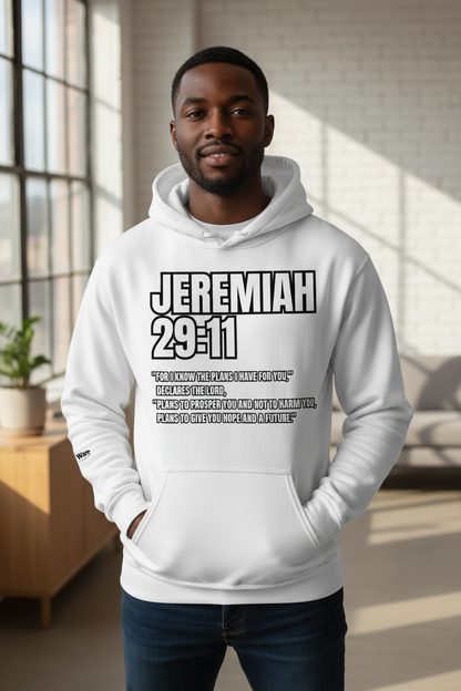 Jeremiah 29:11 White Hoodie – Male Lifestyle Mockup