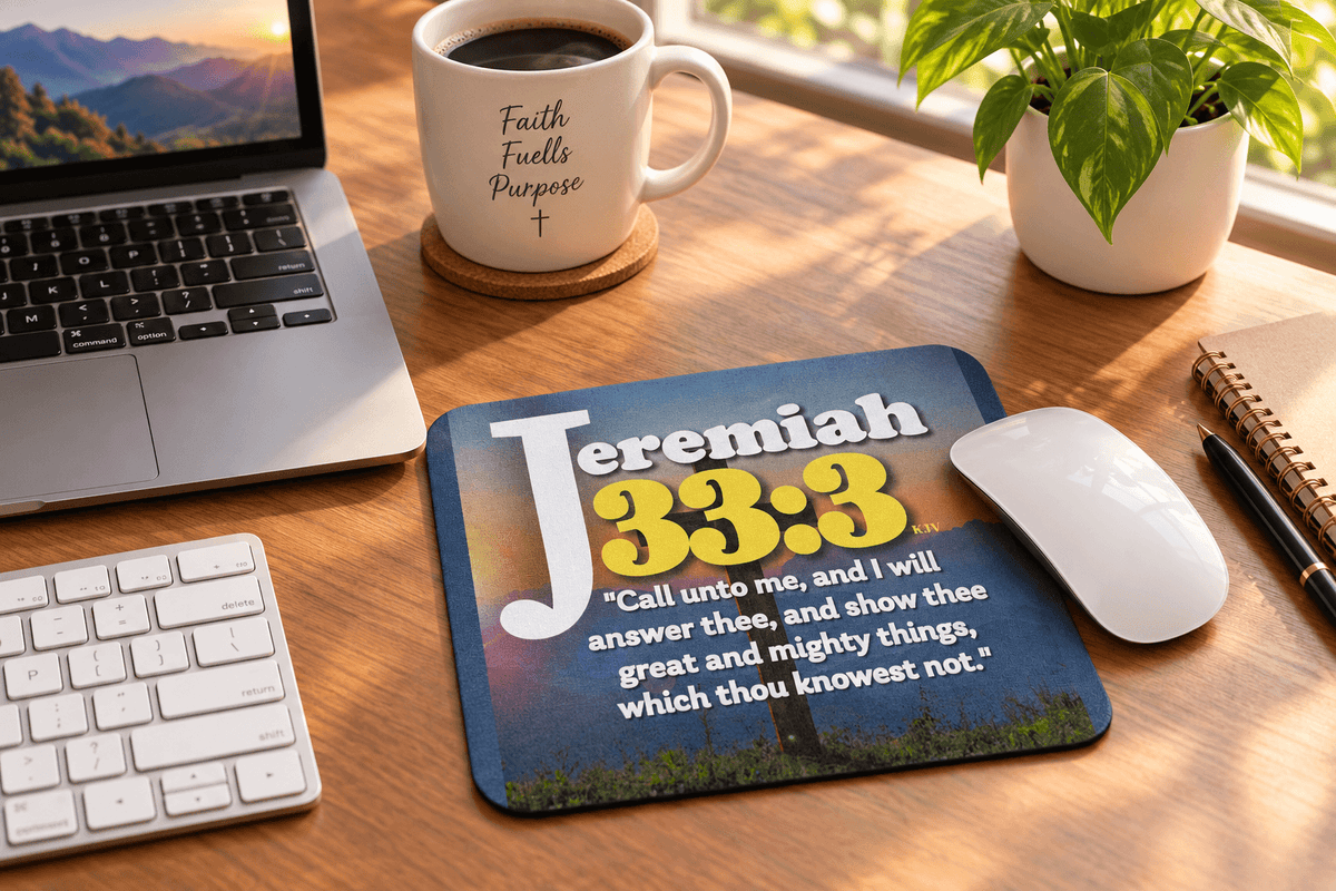Jeremiah 33:3 mouse pad on an office desk