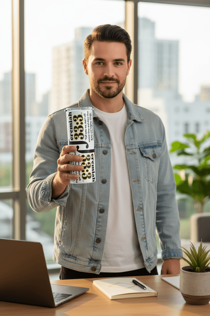 Jeremiah 33:3 White Tumbler – Male Lifestyle Mockup
