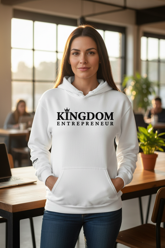 Kingdom Entrepreneur White Hoodie – Female Lifestyle Mockup