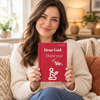Woman holding the red Dear God Christian prayer journal with its front cover visible in a cozy living room.