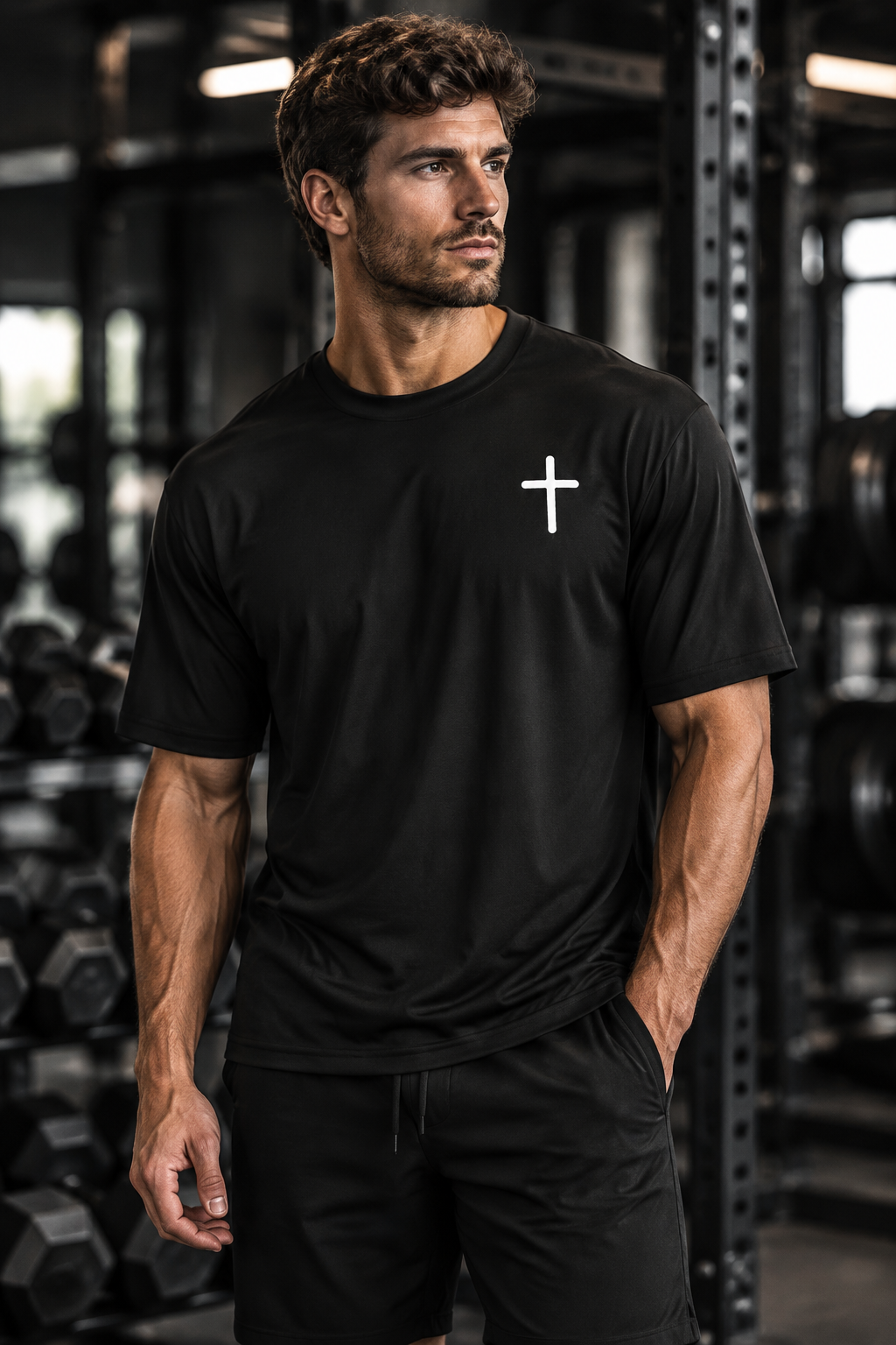 Male model wearing the black Heaven's Cross tee in a gym
