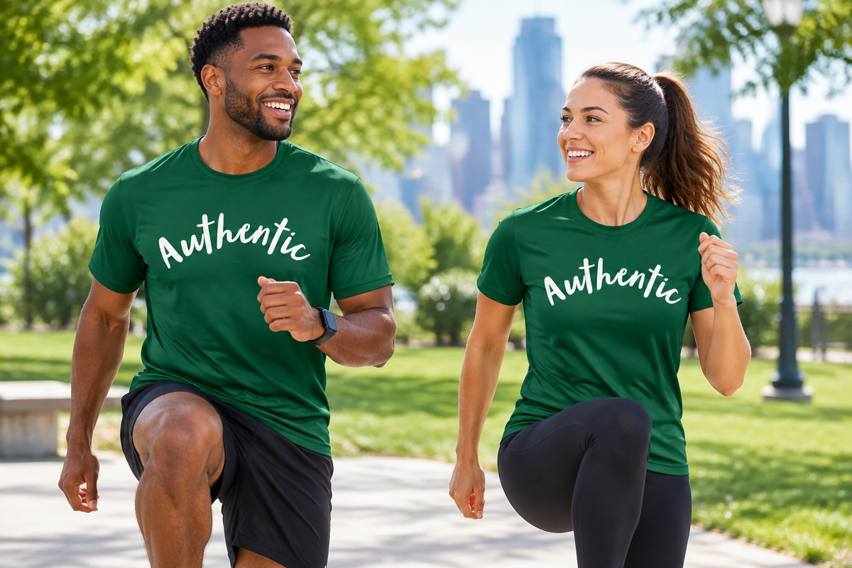 Man and woman exercising in the white-print Christian Authentic shirt