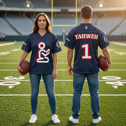 Man and woman holding footballs, showing the front and back of the navy GodWare Yahweh jersey