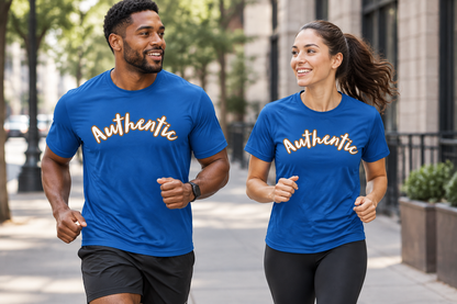 Man and woman jogging in Christian Authentic shirts