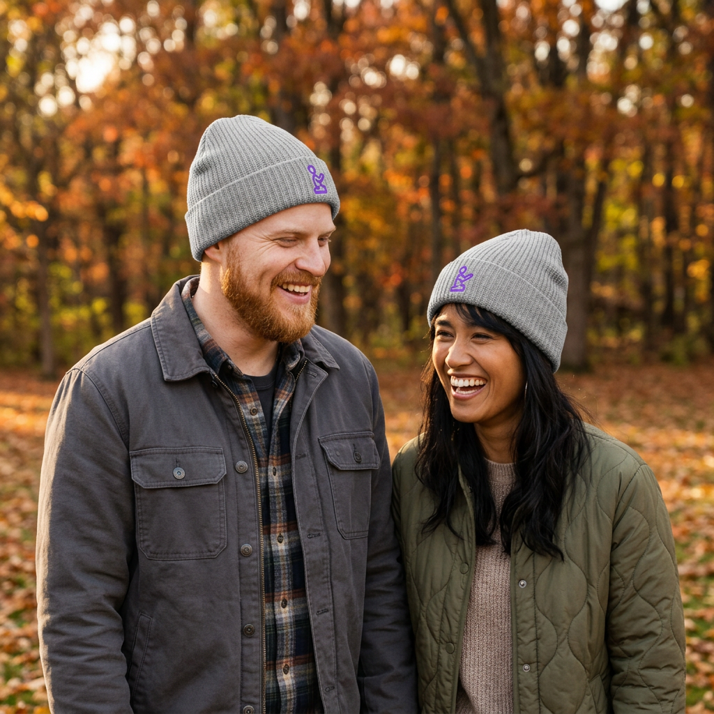 Man and woman wearing Athletic Heather gray Pray fisherman beanies in an autumn park
