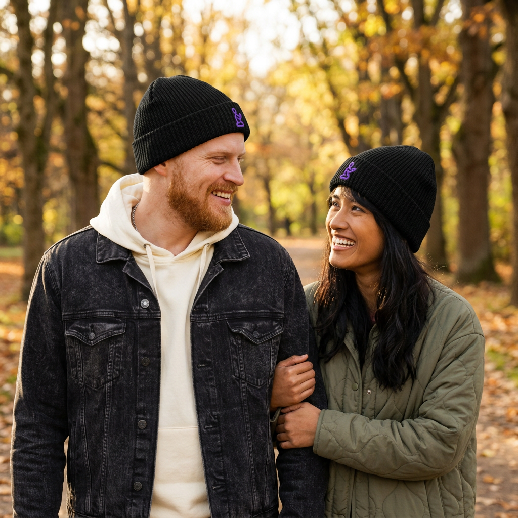 Man and woman wearing GodWare black Pray fisherman beanies on an autumn walk