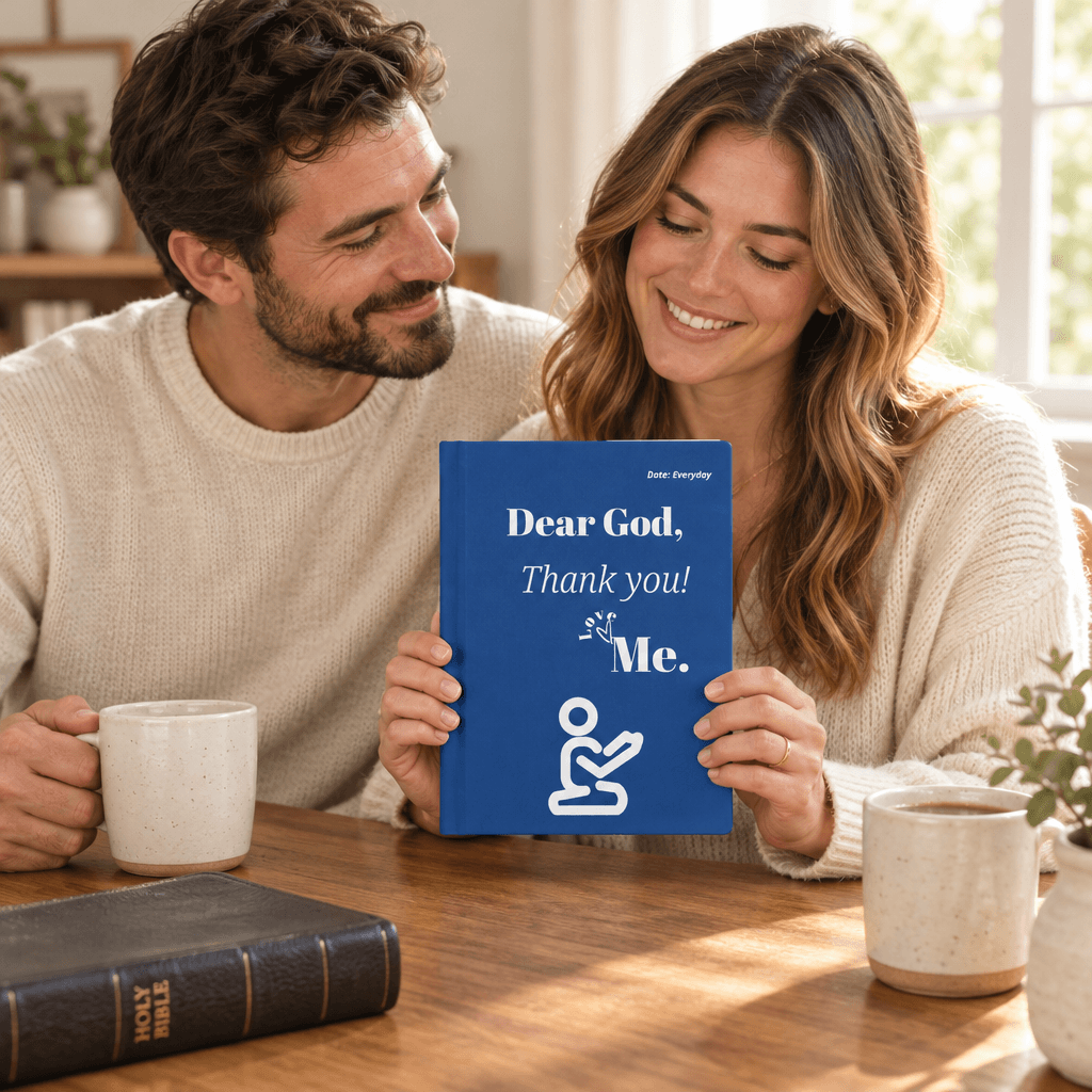 Man and woman with the blue Dear God journal in a sunlit lifestyle setting