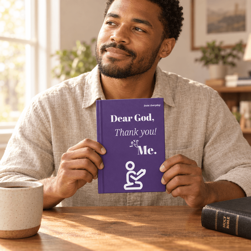 Man holding the purple Dear God journal in a sunlit lifestyle setting