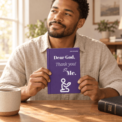 Man holding the purple Dear God journal in a sunlit lifestyle setting