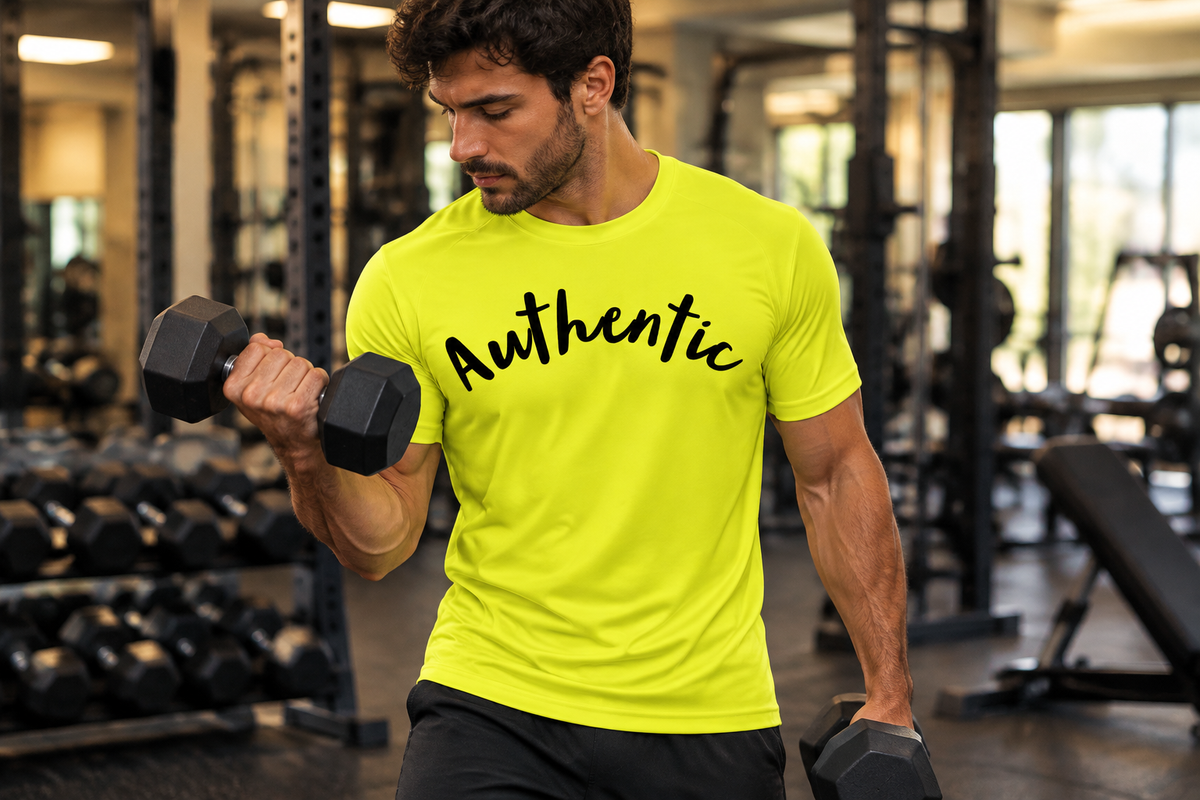 Man lifting weights in the black-print Christian Authentic shirt