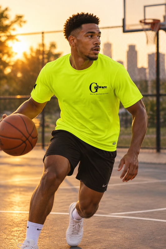 Man playing basketball wearing the GodWare Performance Crew Neck T-Shirt