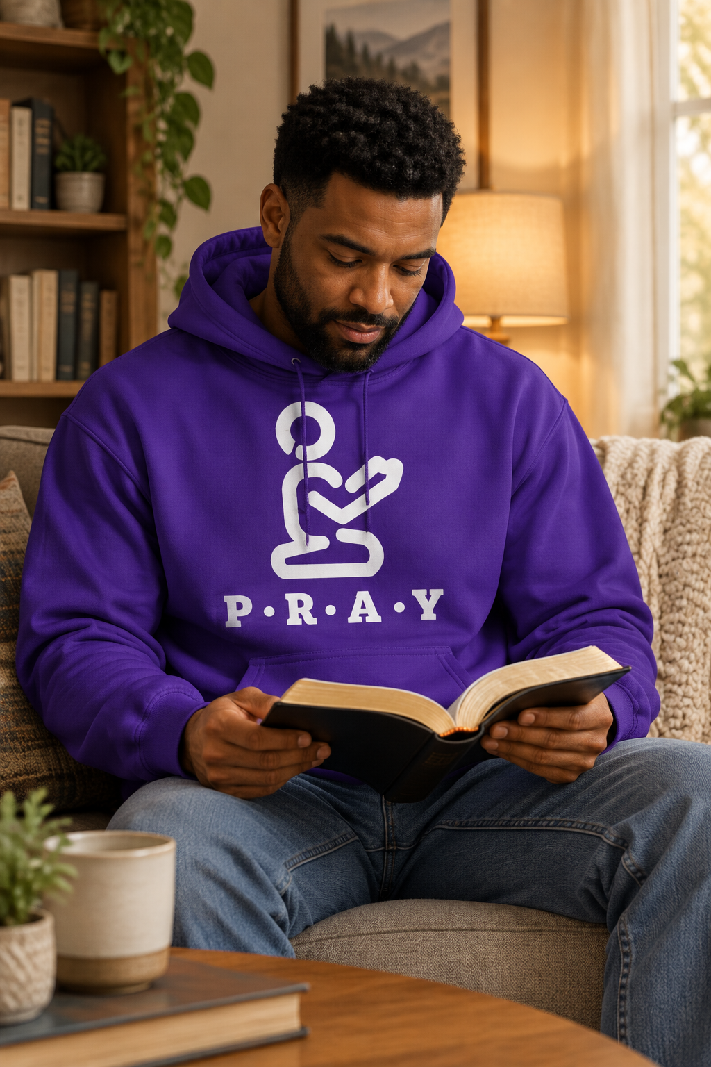 Man wearing the purple Pray hoodie while reading a Bible