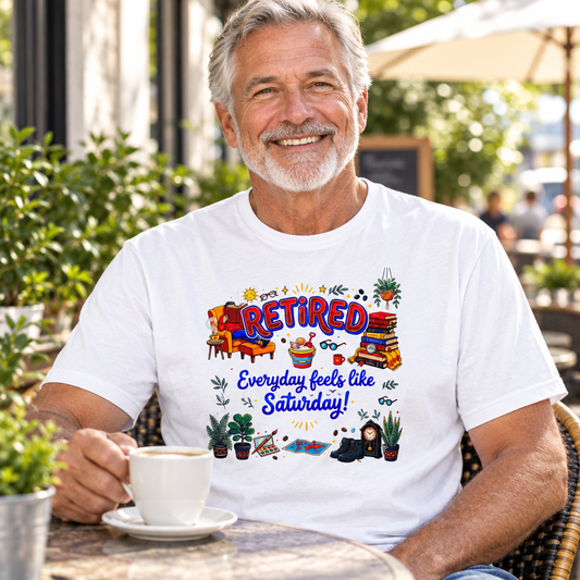 Man wearing the white Retired T-shirt at an outdoor café