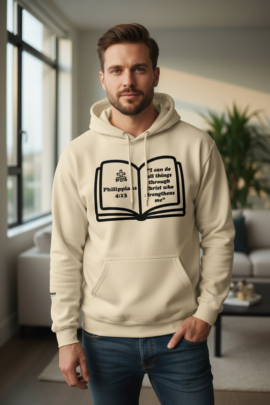 Philippians 4:13 Sand Hoodie – Male Lifestyle Mockup
