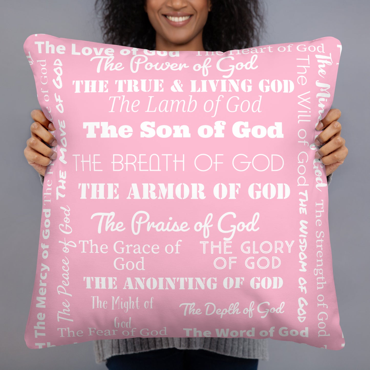 Attributes of God Fluffy Throw Pillow - rose petal